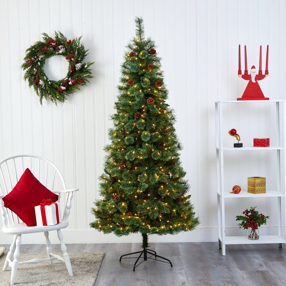 7 ft White Mountain Pine Christmas tree by Nearly Natural with 400 clear LEDs and pine cones on Tampa Home & Garden Store