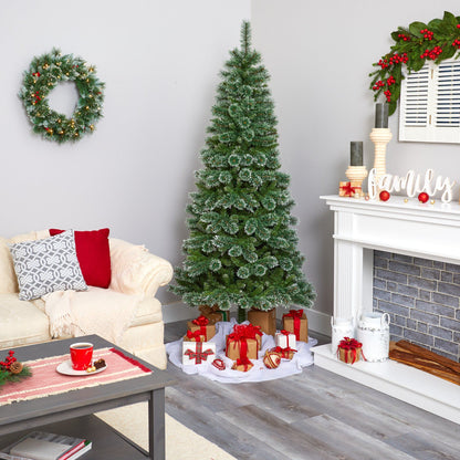7' Wisconsin Slim Snow Tip Pine artificial Christmas tree with 400 LED lights in living room on Tampa Home & Garden Store