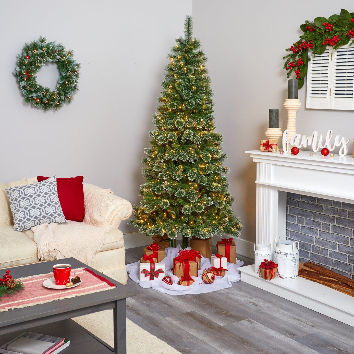 7 ft Wisconsin Slim Snow Tip Pine artificial Christmas tree by Nearly Natural with 400 LEDs on Tampa Home & Garden Store