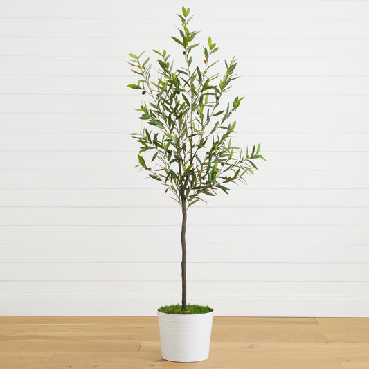 70” Olive Artificial Tree in White Tin Planter - Tampa Home & Garden Store