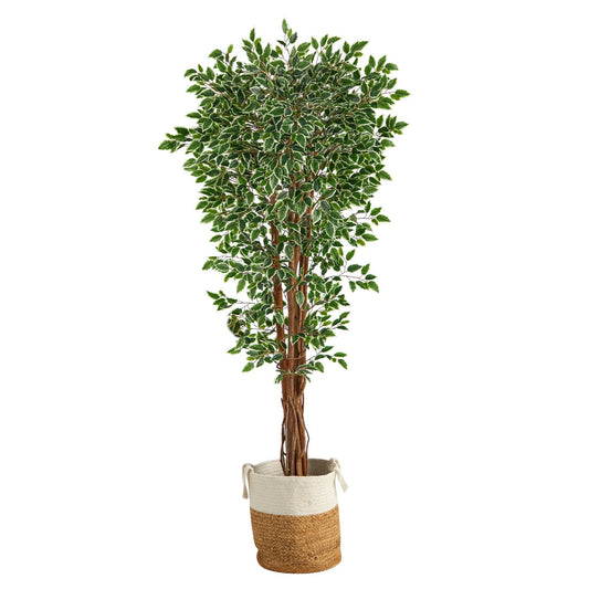 70” Variegated Ficus Tree in Handmade Jute and Cotton Planter UV Resistant (Indoor/Outdoor) - Tampa Home & Garden Store