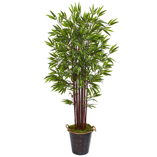 74-Inch Bamboo Artificial Tree in Metal Planter with leaves by Nearly Natural on Tampa Home & Garden Store