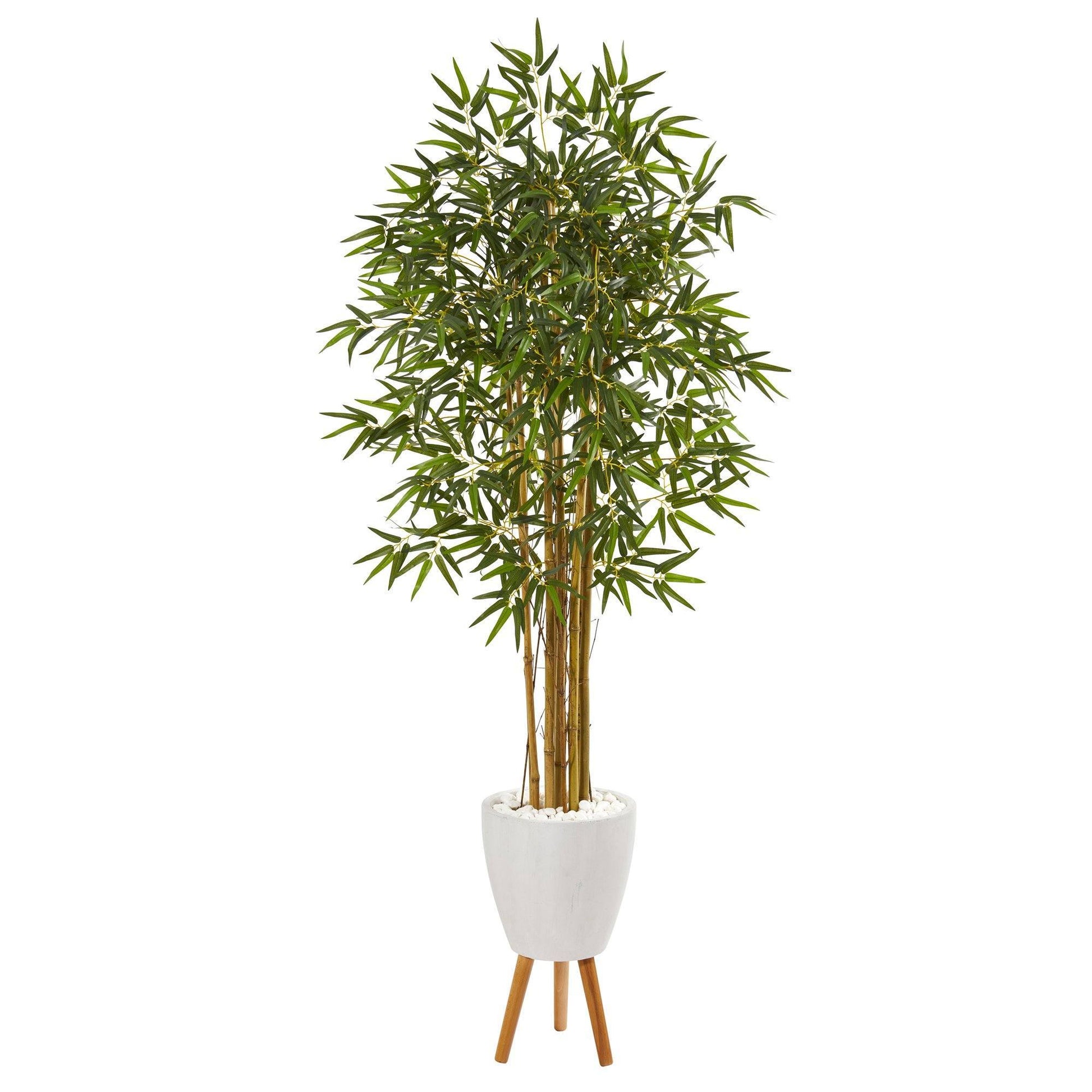 74in Bamboo Artificial Tree by Nearly Natural with green leaves in white planter on wood stand on Tampa Home & Garden Store