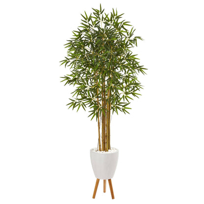 74in Bamboo Artificial Tree by Nearly Natural with green leaves in white planter on wood stand on Tampa Home & Garden Store