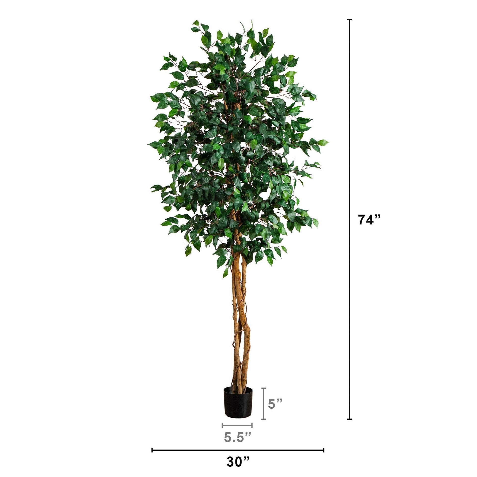 74in Nearly Natural artificial triple-trunk ficus tree with natural trunk, green leaves in pot on Tampa Home & Garden Store