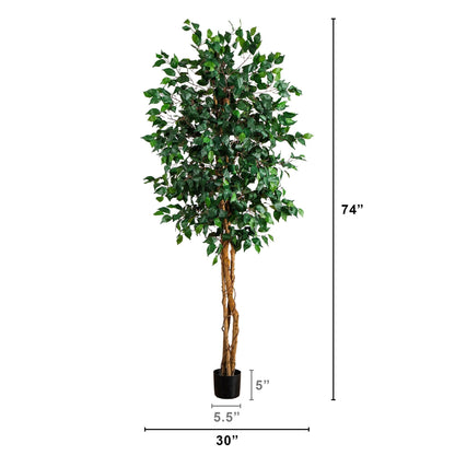 74in Nearly Natural artificial triple-trunk ficus tree with natural trunk, green leaves in pot on Tampa Home & Garden Store