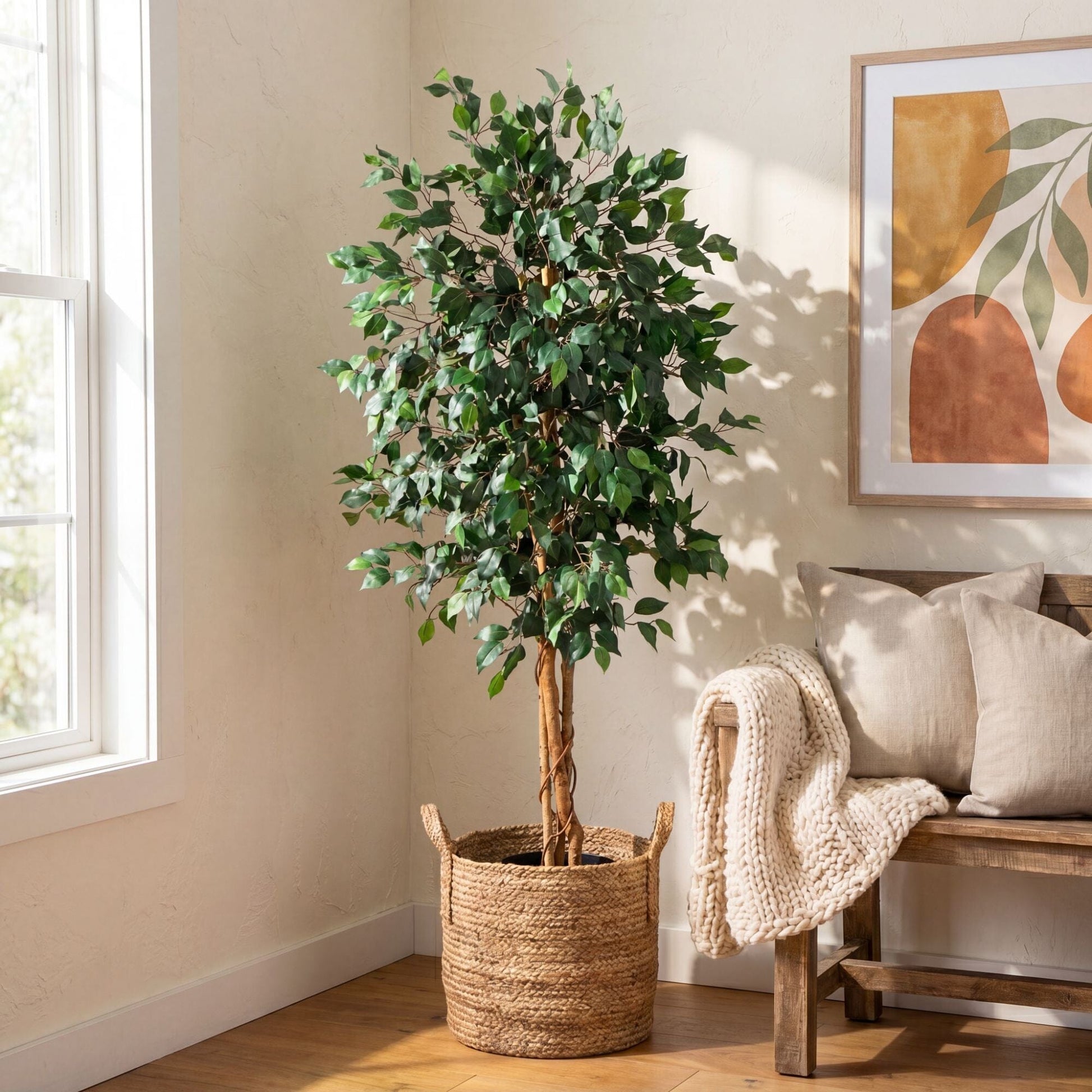 74” Artificial Triple Trunk Ficus Tree with Natural Trunk by Nearly Natural, lush green leaves on Tampa Home & Garden Store