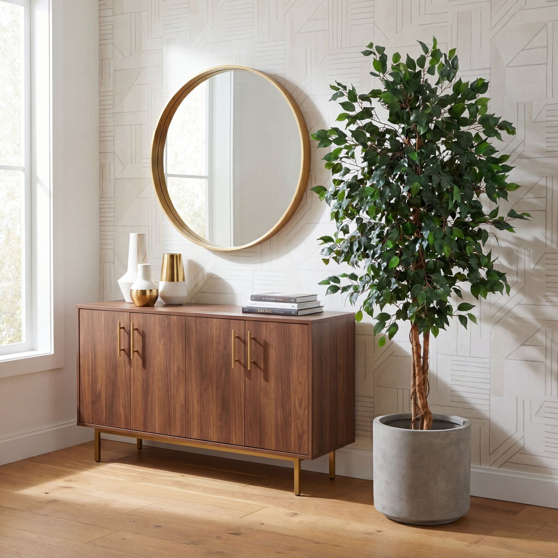 74-inch artificial triple ficus tree with natural trunk, lush green leaves indoors by mirror on Tampa Home & Garden Store