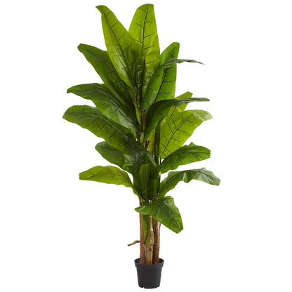 7.5’ Banana Artificial Tree by Nearly Natural with lush green banana leaves in a black pot on Tampa Home & Garden Store