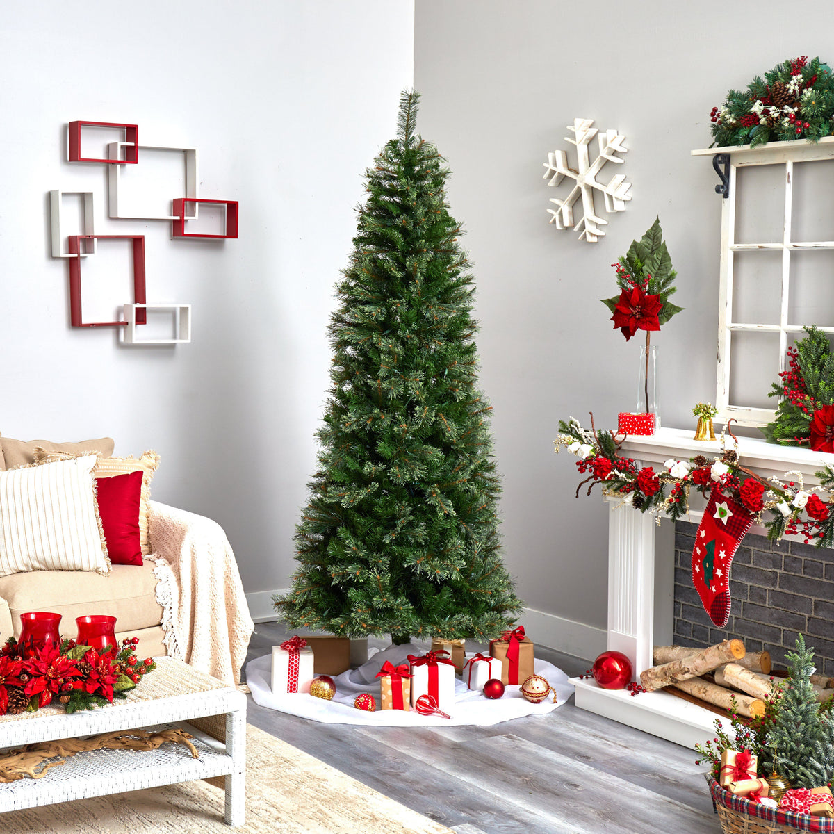 7.5' Cashmere Slim Christmas Tree with Clear Lights, green needles on Tampa Home & Garden Store