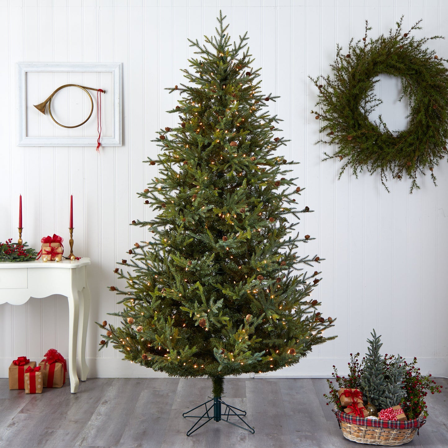 7.5’ Classic Pine & Pine Cone Christmas Tree, evergreen with pine cones and lights on Tampa Home & Garden Store