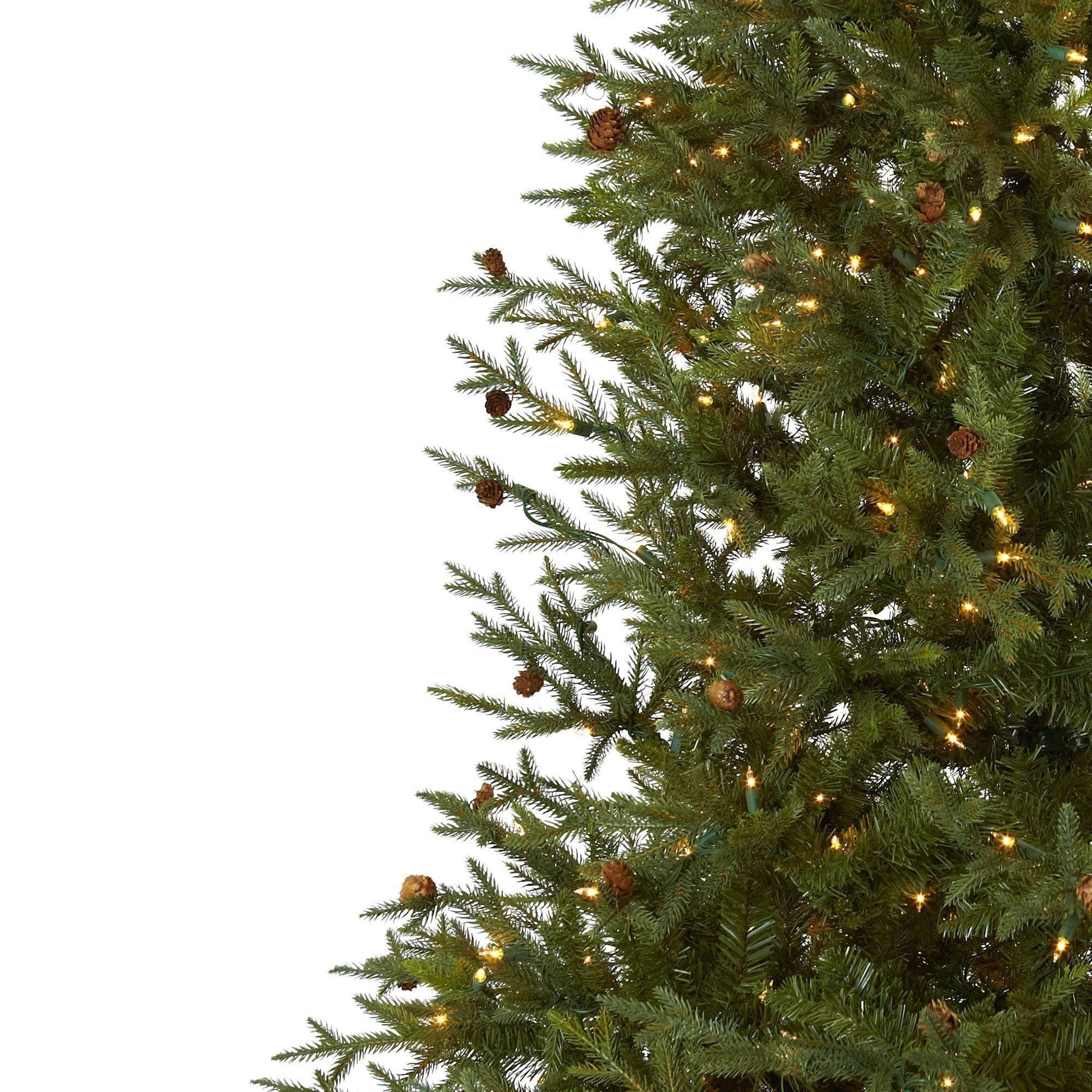 7.5’ Classic Pine & Pine Cone Christmas Tree by Nearly Natural with green needles, pine cones, warm lights on Tampa Home & Garden Store