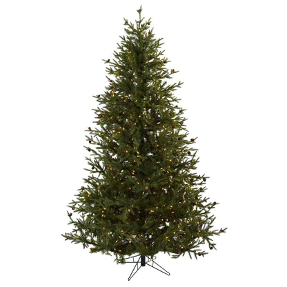 7.5’ Classic Pine & Pine Cone Christmas Tree by Nearly Natural, with warm lights on metal stand on Tampa Home & Garden Store