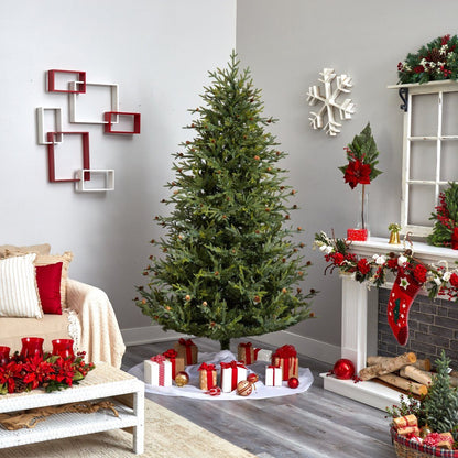 7.5’ Nearly Natural Classic Pine & Pine Cone Christmas Tree in a festive living room with gifts on Tampa Home & Garden Store