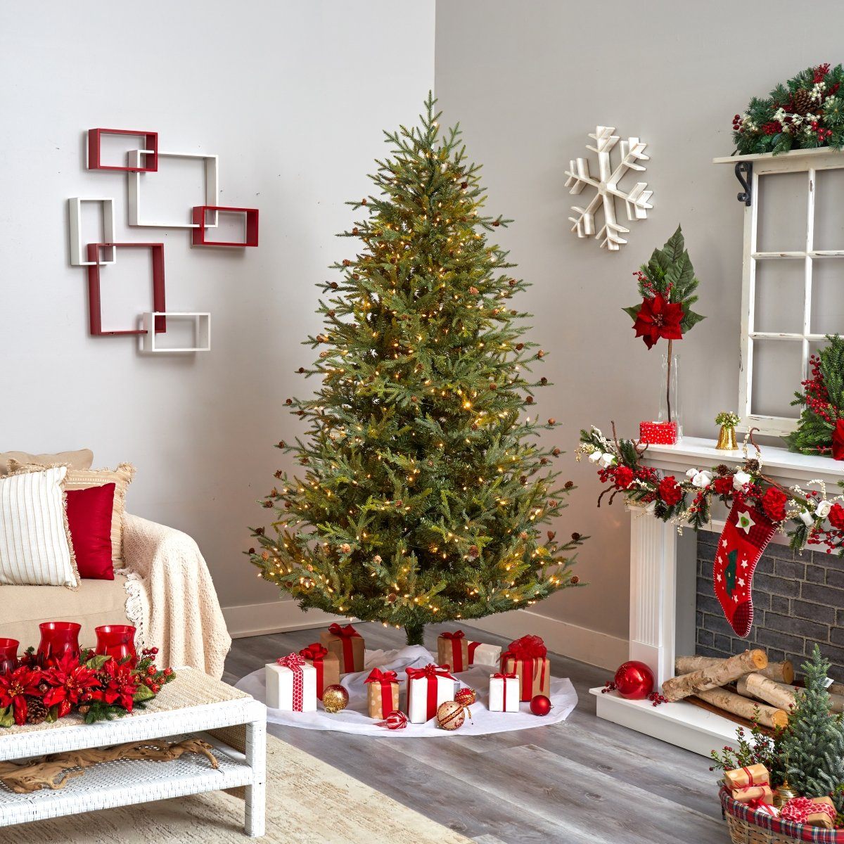 7.5’ Classic Pine & Pine Cone Christmas Tree by Nearly Natural, pre-lit with warm white lights on Tampa Home & Garden Store