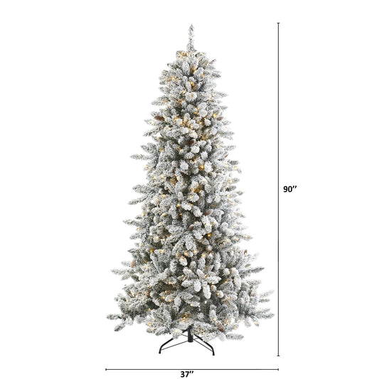 7.5ft Nearly Natural flocked Livingston Fir Christmas Tree with pine cones and warm LED lights on Tampa Home & Garden Store