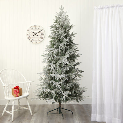 7.5 ft flocked Manchester Spruce tree with snow-dusted branches indoors by white curtain on Tampa Home & Garden Store