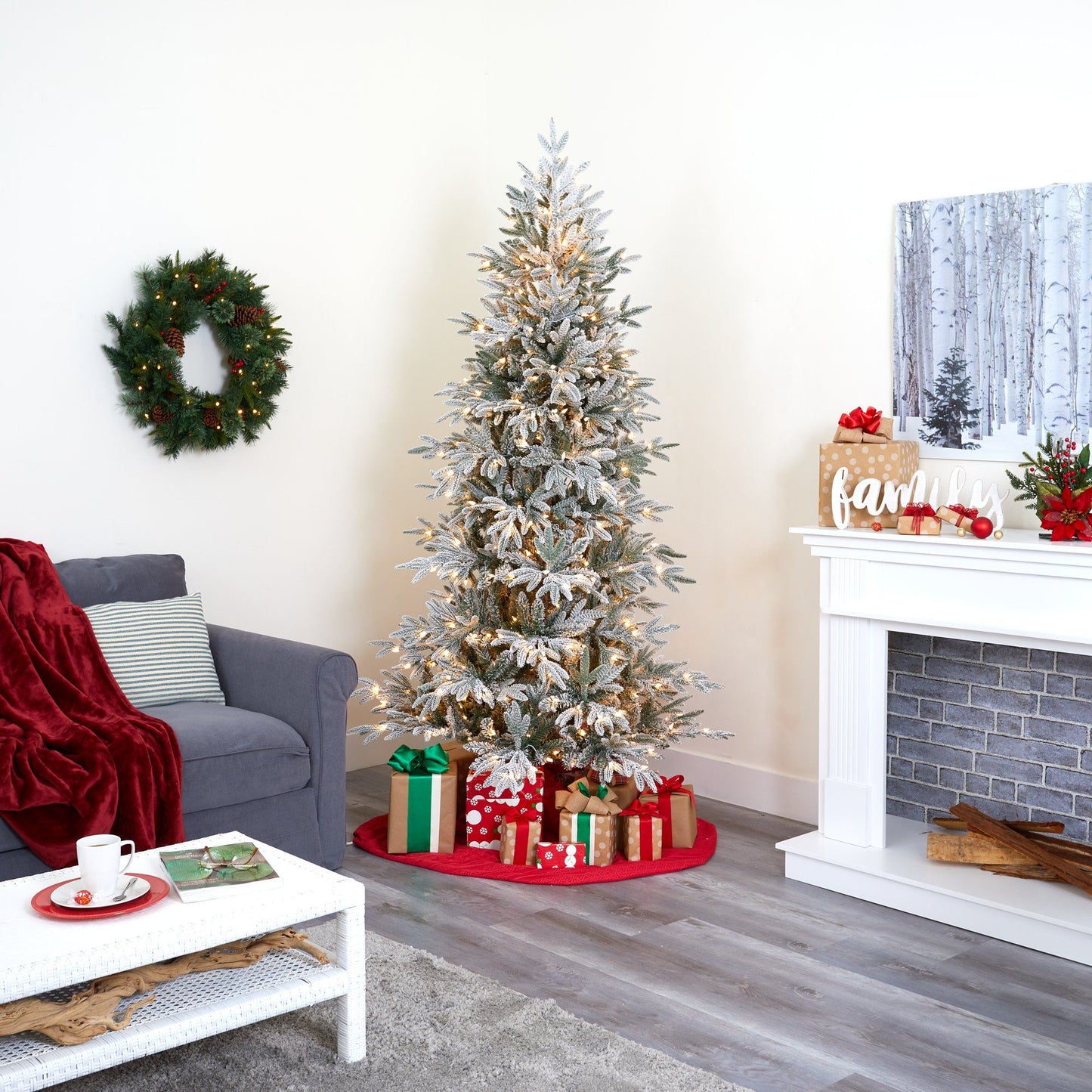 Nearly Natural 7.5’ Flocked Manchester Spruce Tree with 450 Lights and 949 Bendable Branches on Tampa Home & Garden Store