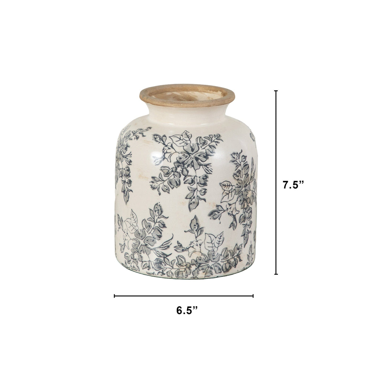 Vase Nearly Natural 7.5in Floral Tuscan Ceramic Gray Scroll with blue floral pattern on Tampa Home & Garden Store