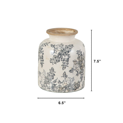 Vase Nearly Natural 7.5in Floral Tuscan Ceramic Gray Scroll with blue floral pattern on Tampa Home & Garden Store