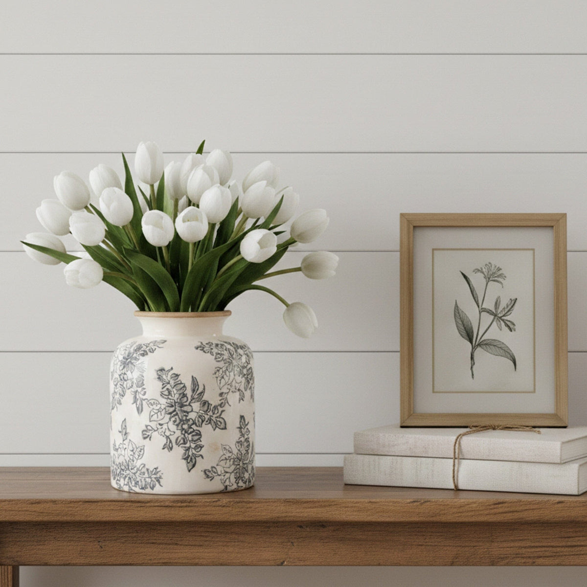 7.5-inch Floral Tuscan ceramic gray scroll vase with white tulips on Tampa Home & Garden Store