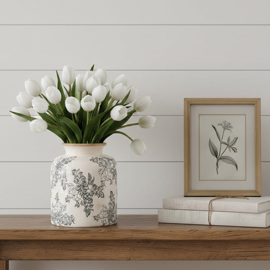 7.5-inch Floral Tuscan ceramic gray scroll vase with white tulips on Tampa Home & Garden Store
