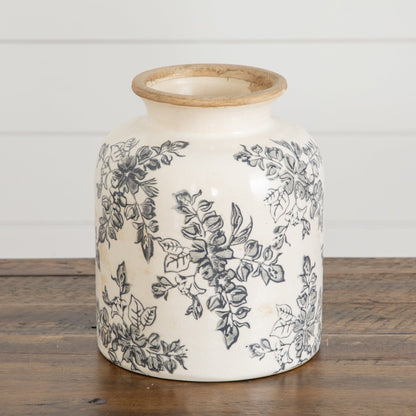 Vase 7.5” Tuscan Ceramic Scroll Vase by Nearly Natural with black botanical motif on Tampa Home & Garden Store
