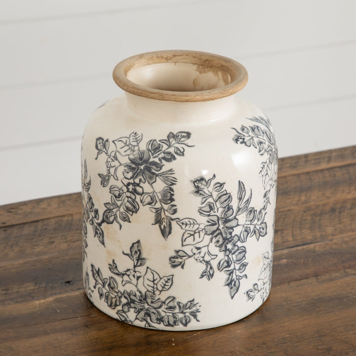 Vase Nearly Natural 7.5” Floral Tuscan Ceramic Gray Scroll tan rim on Tampa Home & Garden Store