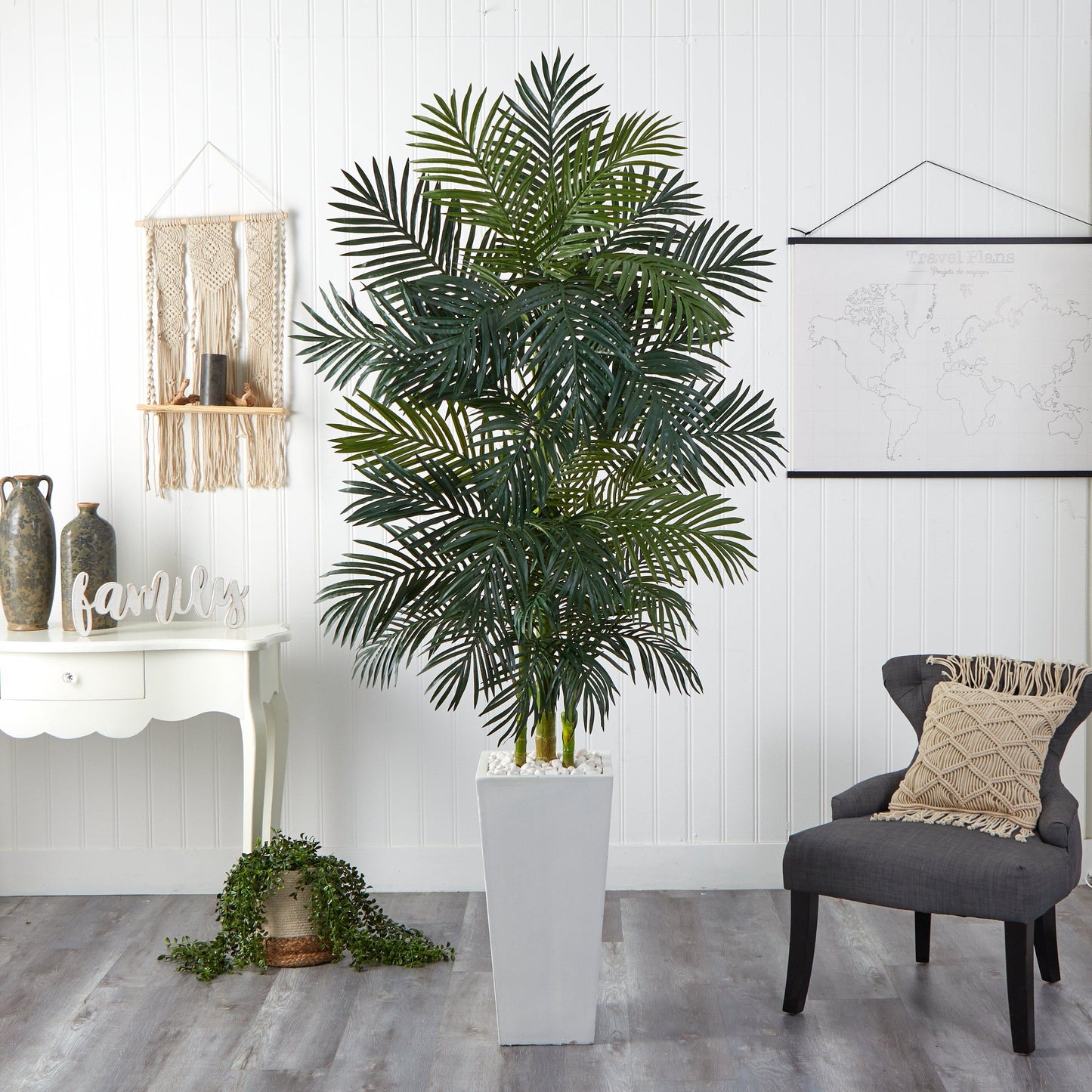 7.5' Golden Cane Palm artificial tree in white tower planter by Nearly Natural on Tampa Home & Garden Store