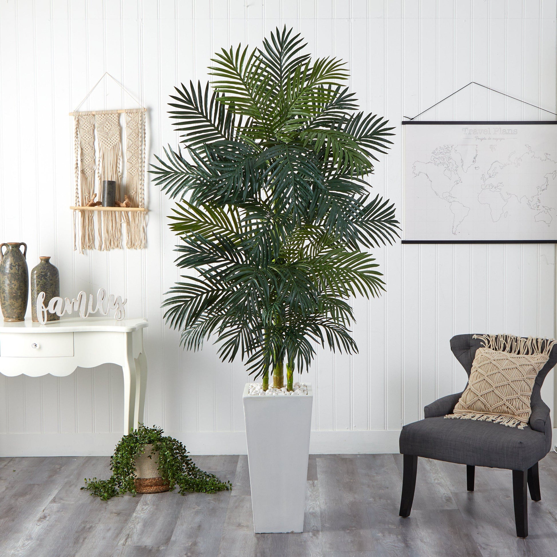 7.5' Golden Cane Palm artificial tree in white tower planter by Nearly Natural on Tampa Home & Garden Store