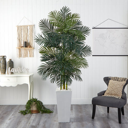 7.5' Golden Cane Palm artificial tree in white tower planter by Nearly Natural on Tampa Home & Garden Store
