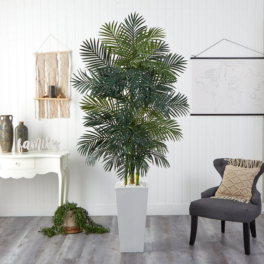 7.5' Golden Cane Palm artificial tree in white tower planter by Nearly Natural on Tampa Home & Garden Store