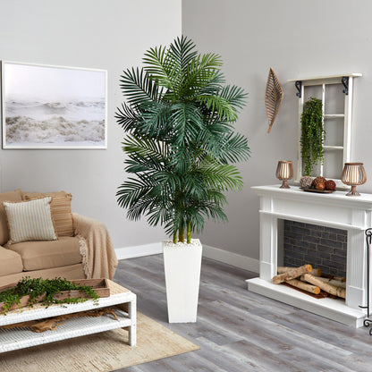 7.5' Golden Cane Palm artificial tree in white tower planter by Nearly Natural on Tampa Home & Garden Store