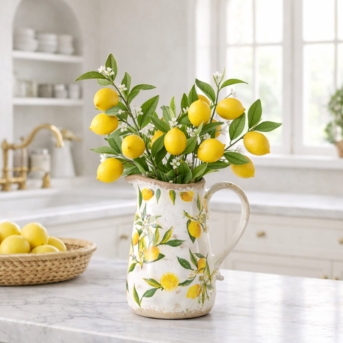 7.5in Lemon Print Ceramic Rustic Jug Vase with bright lemons and green leaves by Nearly Natural on Tampa Home & Garden Store