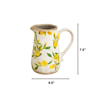 Lemon print ceramic jug vase, rustic white with yellow lemons by Nearly Natural, 7.5 in tall on Tampa Home & Garden Store