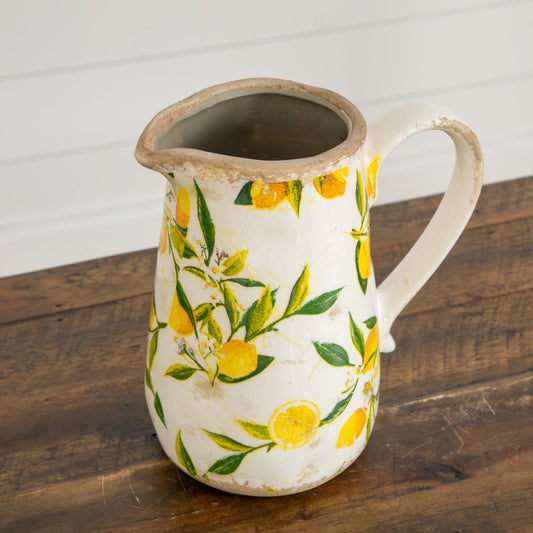 7.5in lemon print ceramic rustic jug vase white with yellow lemons on Tampa Home & Garden Store