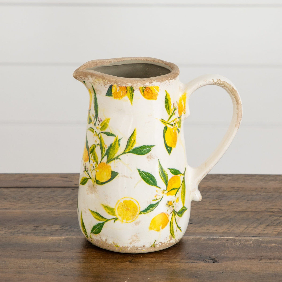 7.5in lemon print ceramic rustic jug vase with cream glaze on Tampa Home & Garden Store