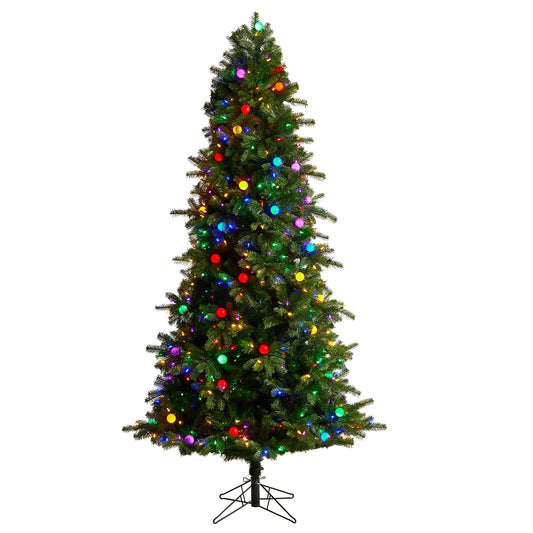 7.5ft Montana Mountain Fir Christmas Tree by Nearly Natural with lights on a metal stand on Tampa Home & Garden Store