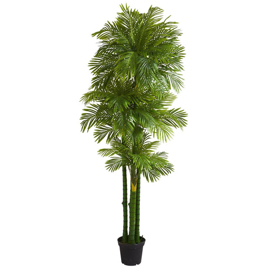 7.5’ Phoenix Artificial Palm Tree by Nearly Natural with green palm fronds in a black planter on Tampa Home & Garden Store