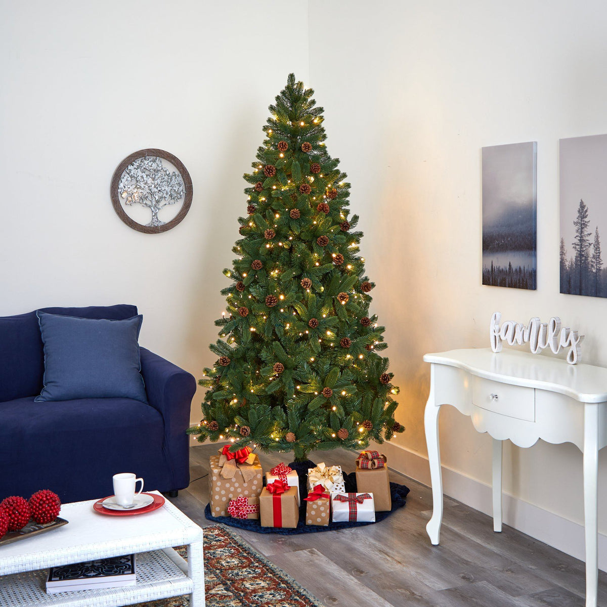 Nearly Natural 7.5' Rocky Mountain Spruce Christmas tree with pinecones and 400 clear LED lights on Tampa Home & Garden Store