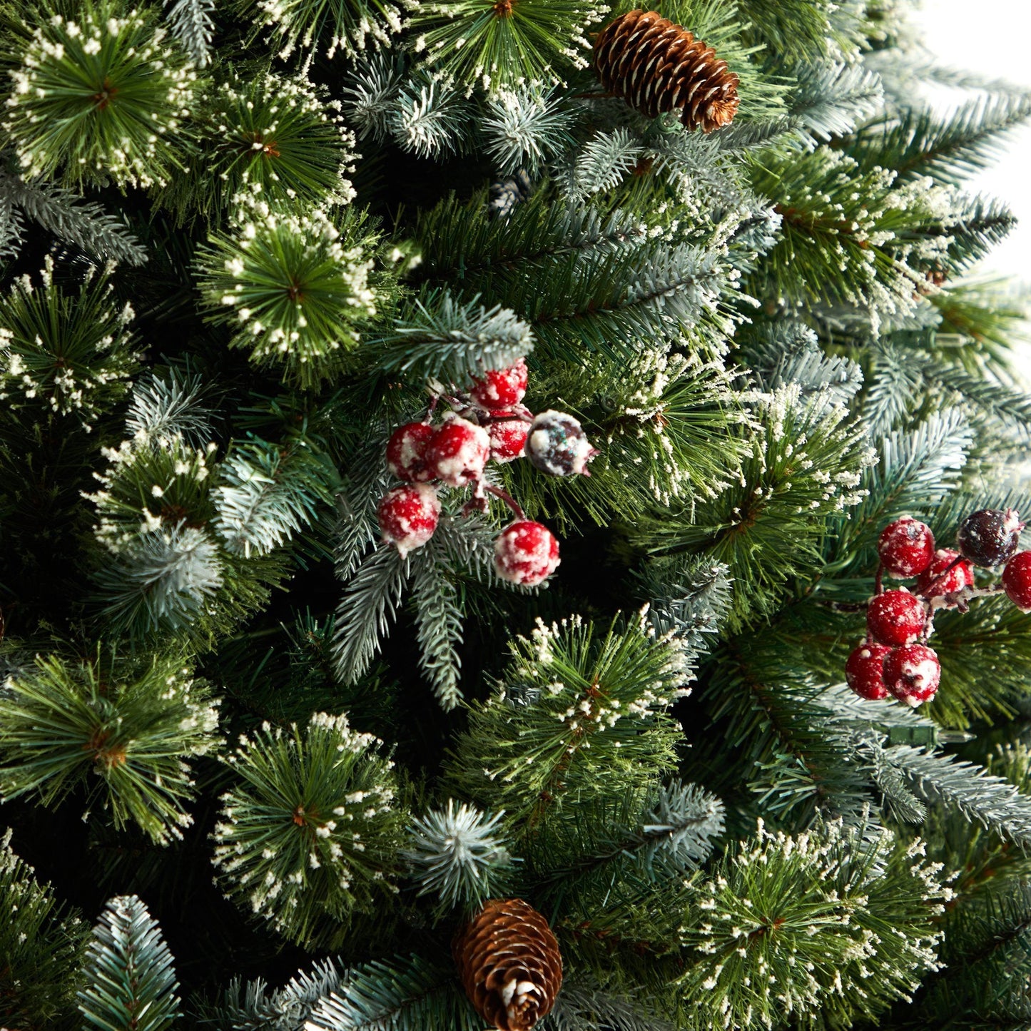 Nearly Natural 7.5' Snow Tipped Aspen Spruce pre-lit tree with pinecones and berries on Tampa Home & Garden Store