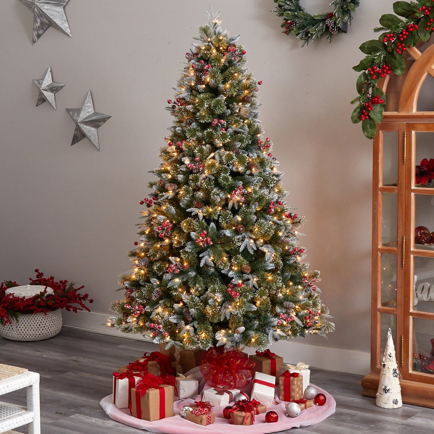 Nearly Natural 7.5' Snow Tipped Aspen Spruce Pre-Lit Tree with 450 LEDs, berries and pinecones on Tampa Home & Garden Store