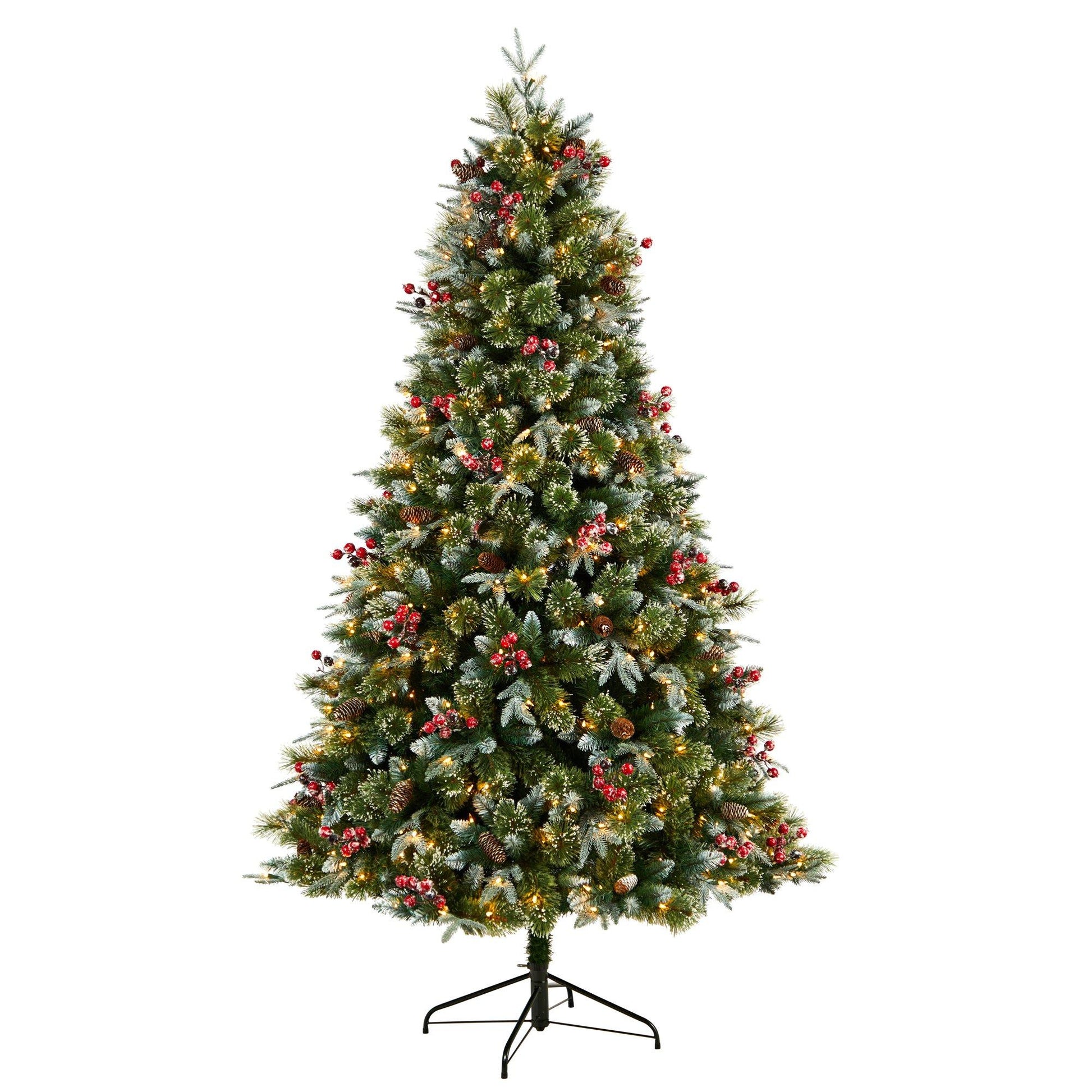 Snow-Tipped Aspen Spruce Pre-Lit Tree with 450 LED lights, berries and pinecones on metal stand on Tampa Home & Garden Store