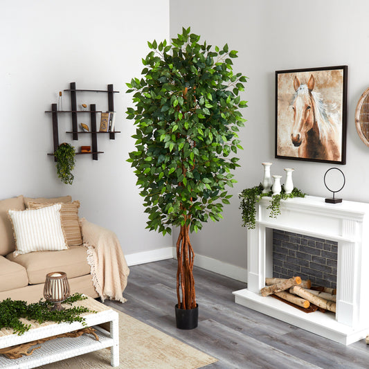Nearly Natural 7.5’ Super Deluxe Ficus Tree in a black pot with lush green foliage indoors on Tampa Home & Garden Store