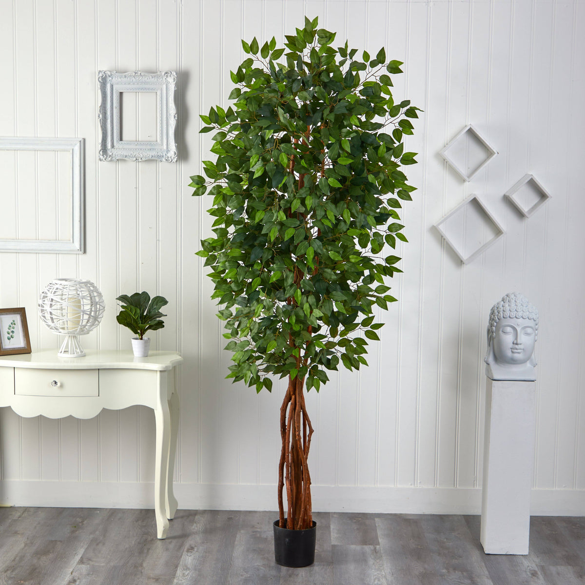 Nearly Natural 7.5’ Super Deluxe Ficus Tree in a black pot with lush green leaves on Tampa Home & Garden Store