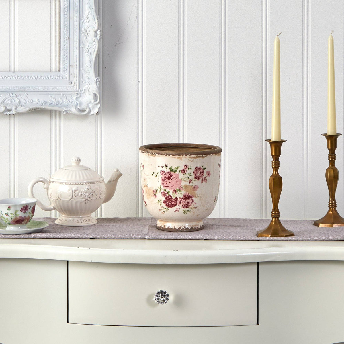 7.5” Tuscan Ceramic Floral Print Planter Nearly Natural white ceramic with pink roses on a shelf on Tampa Home & Garden Store