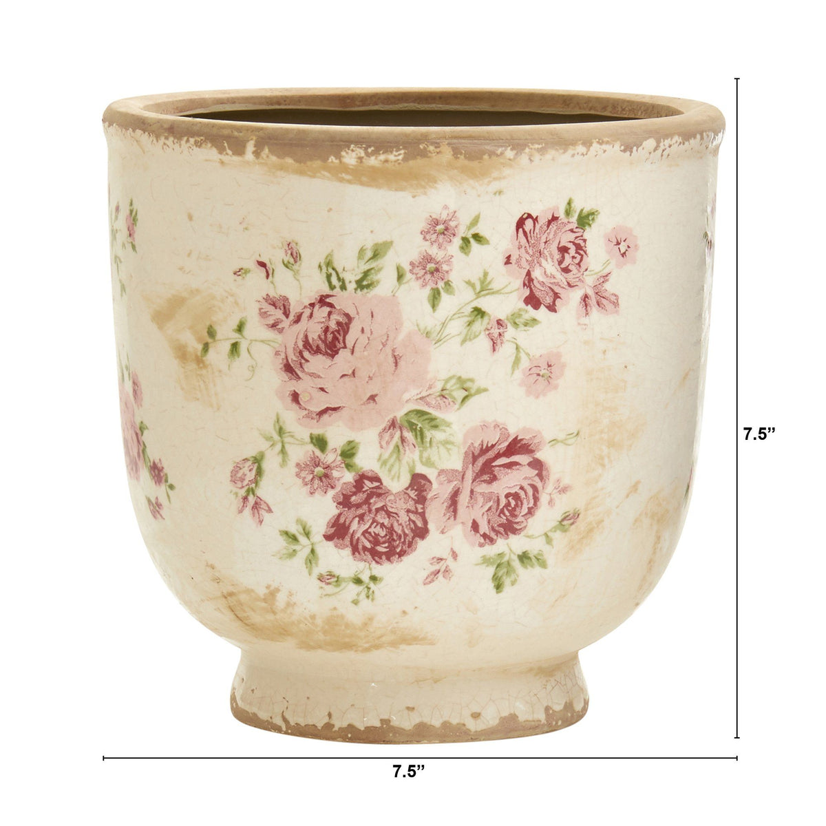 7.5-inch Tuscan ceramic planter with pink rose floral print, Nearly Natural on Tampa Home & Garden Store