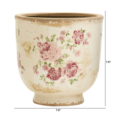 7.5-inch Tuscan ceramic planter with pink rose floral print, Nearly Natural on Tampa Home & Garden Store