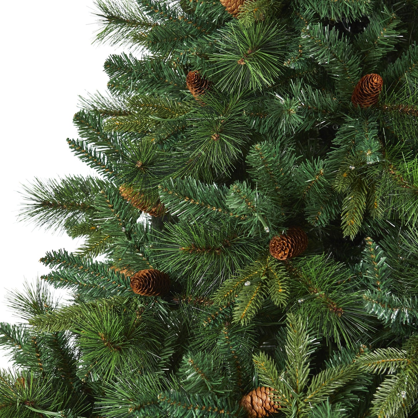 Árbol de Navidad artificial de pino mixto de cuerpo entero de 7.5' de Virginia Occidental con 600 luces LED claras y piñas