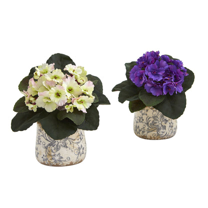 Planta Artificial de Violeta Africana de 8" en Jarrón con Diseño Floral (Juego de 2)
